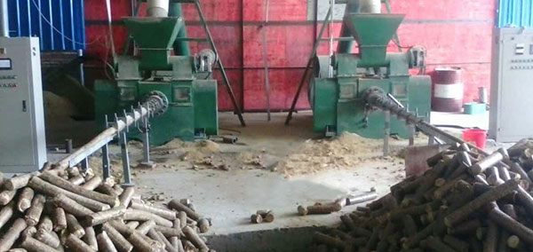 two sets of log briquette maker is making biomass briquette